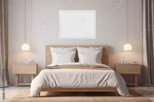 white blank mock up frame on a modern bedroom