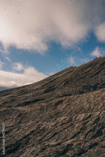Mount Bromo volcano dry lava texture. Semeru mountain and volcanic landscape view