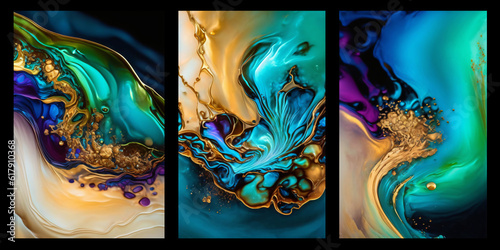 abstract art wallpaper for triptych wall frame design, colorful translucent metallic swirls, alcohol ink technique painting, wavy fantasy illustration, generative ai