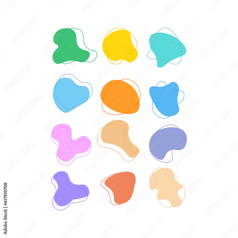 liquid stain and geometric shape. Set of isolated abstract water spots with gradient or dynamic color. Background for a card or design template for a postcard.