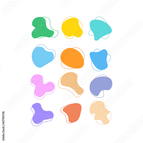 liquid stain and geometric shape. Set of isolated abstract water spots with gradient or dynamic color. Background for a card or design template for a postcard.