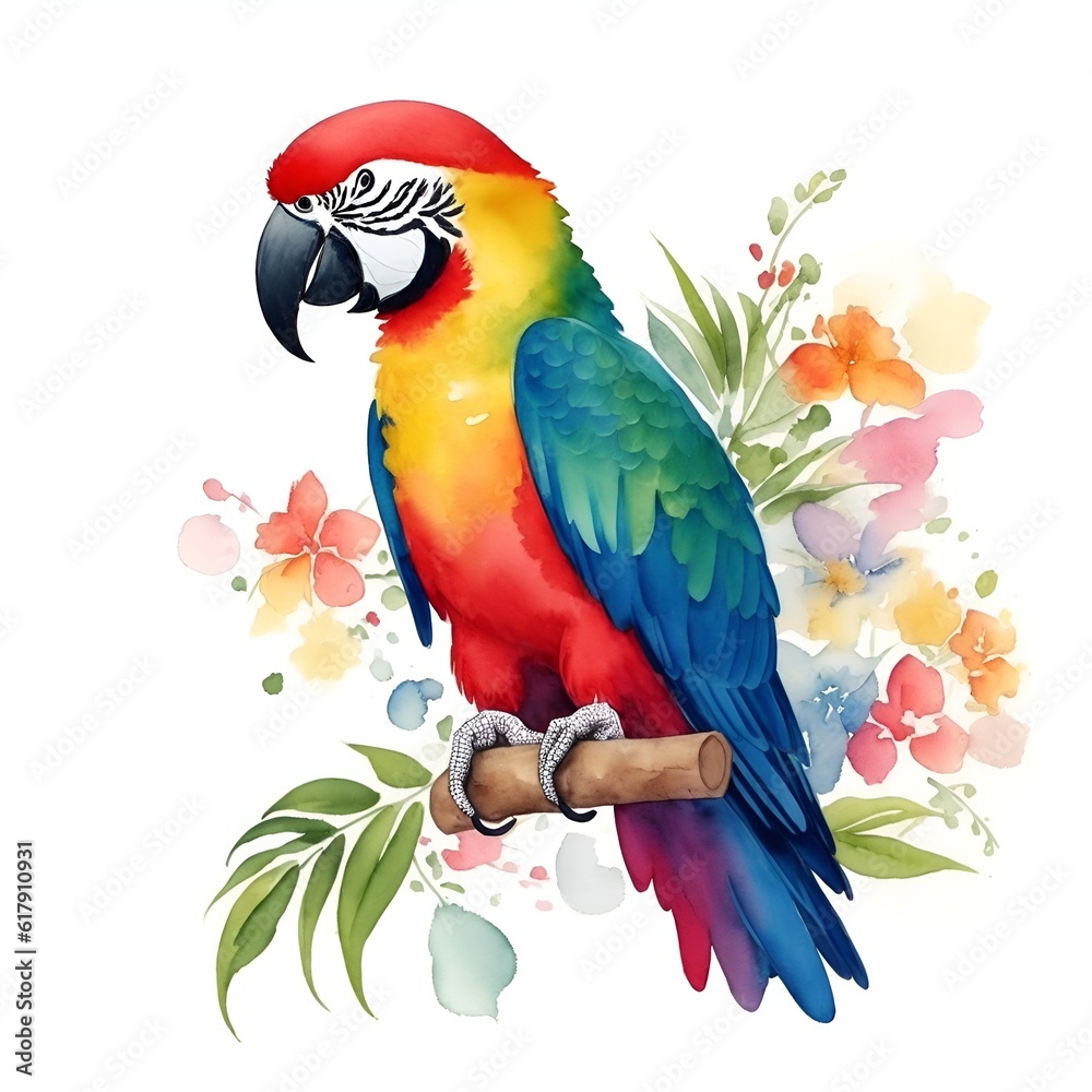 Obraz premium Colorful parrot sitting on a branch, watercolor on a white background. Generated by AI