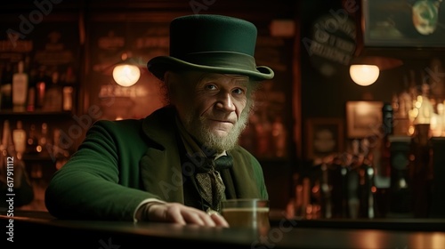 Portrait of a senior man in ireland pub, green leprechaun man, st Patrick's day concept.