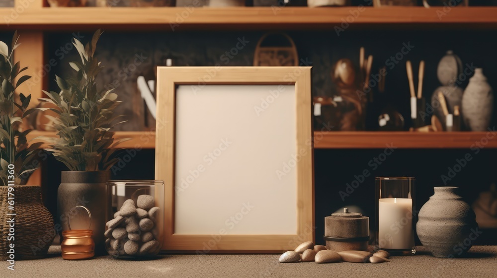 Mock up frame with minimal decor close up in home interior background. 3D render. Created with generative AI. Mock up frame with minimal decor close up in home interior background. 3D render. Created with generative AI.