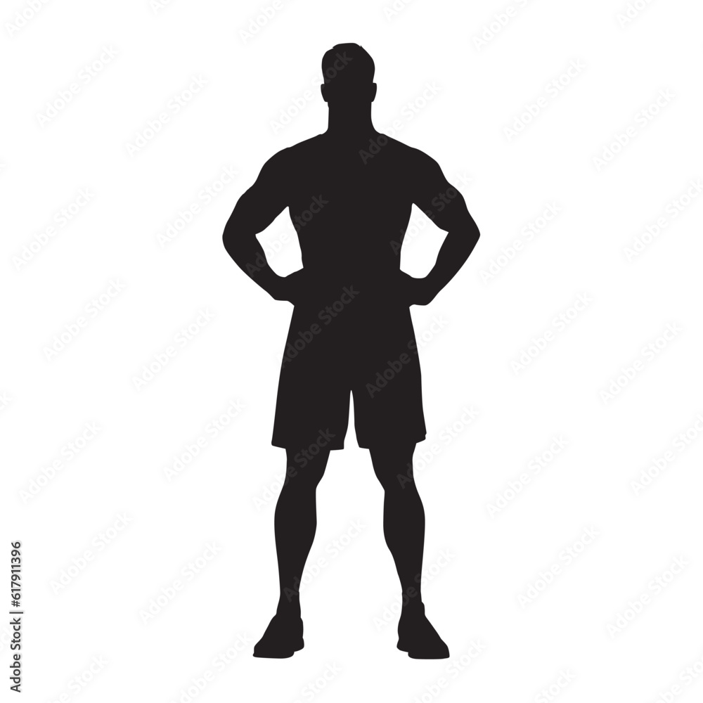 Male athlete standing with hands on hips, isolated vector silhouette, front view