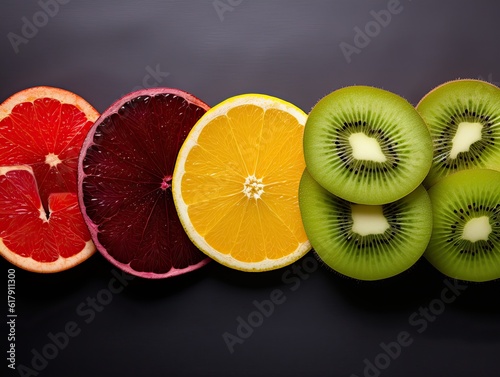 Closeup image fresh sliced in half fruits collection on black background. Top view grapefruit, kiwi, orange, lemon, tangerine. Generative AI