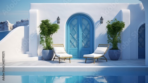 Santorini style architecture with armchairs plant door and swimming pool.3d rendering