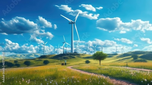 wind turbines on green farm.Winmill power energy. Green farm with renewable energy. photo
