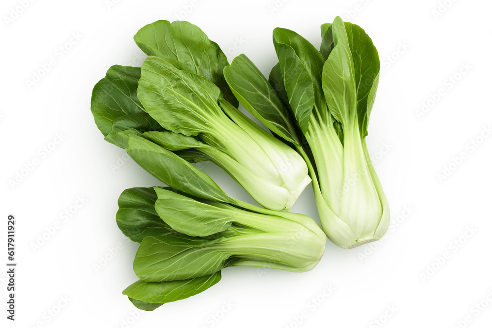 Fresh pak choi cabbage isolated on white background. Top view. Flat lay Fresh pak choi cabbage isolated on white background. Top view. Flat lay