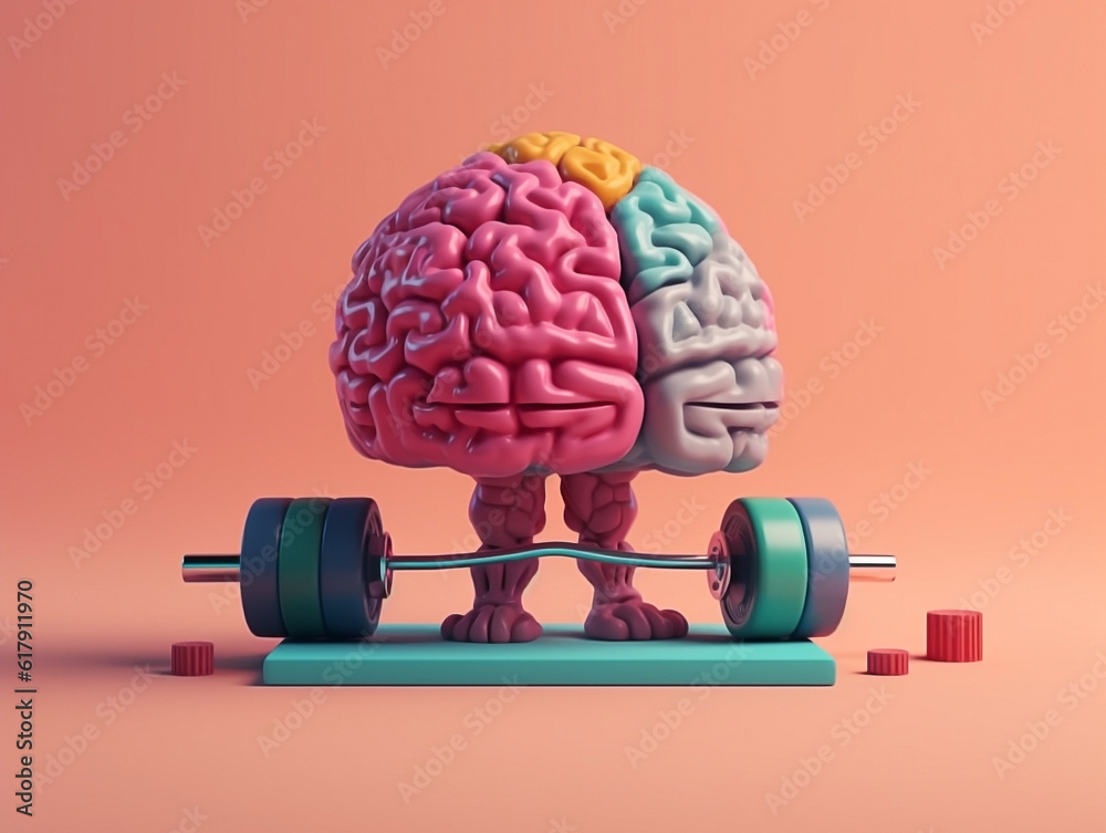 Brain lifting weights in the gym. Mental health illustration design
