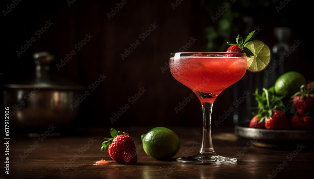Refreshing summer cocktail with organic citrus and berry fruits on rustic table generated by AI