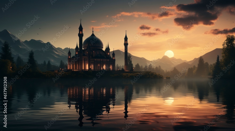 Fototapeta premium A picture of a mosque with a crescent moon and the words ramadan on it. Created with generative AI.