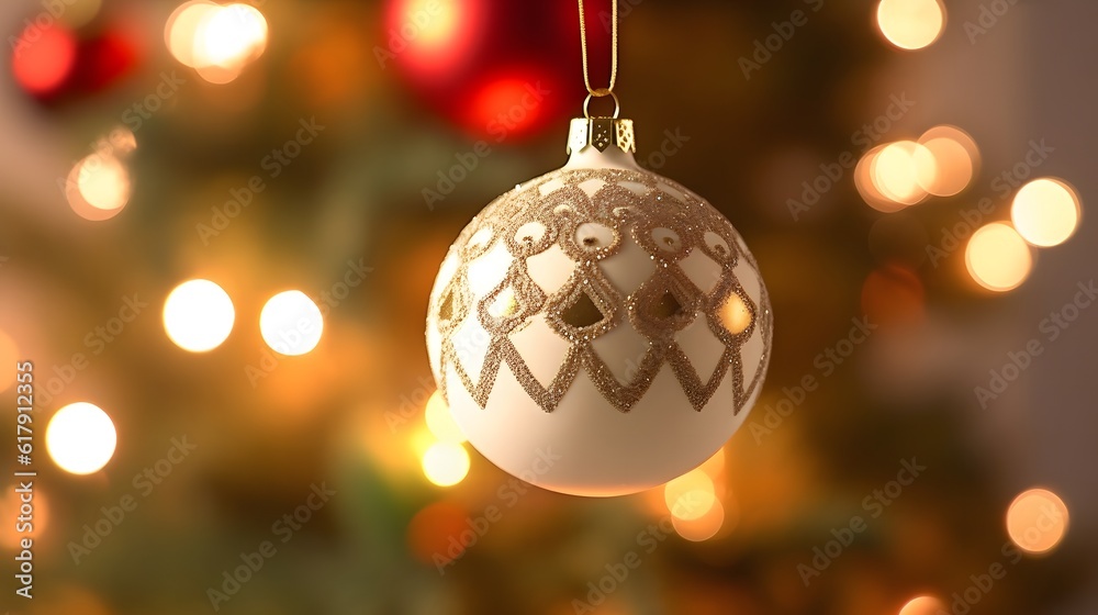 Beautiful Christmas ball on blurred background, closeup. Festive decor Beautiful Christmas ball on blurred background, closeup. Festive decor