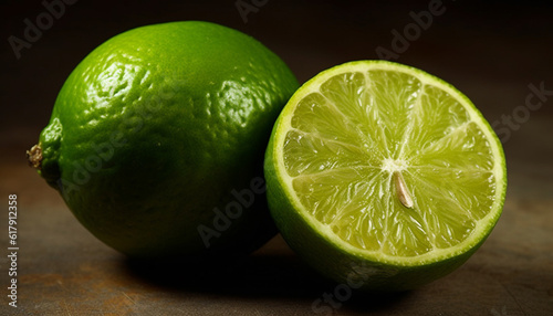 Juicy citrus slice on wooden table, refreshing summer refreshment generated by AI photo