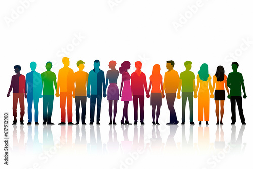 Group of colorful people. Team of young men and women holding hands, characters standing together, friendship, unity concept isolated on white background