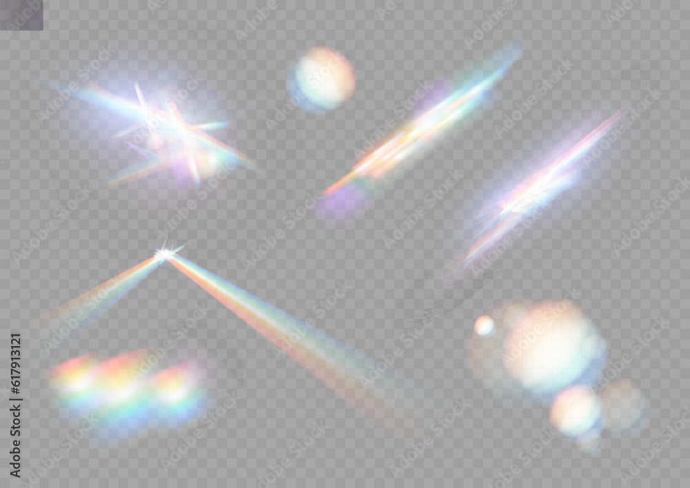 Set of colorful vector lenses and light flares with transparent effects. Iridescent crystal leak glare reflection effect. Optical rainbow lights, glare, leak, streak overlay. falling confetti. Vector