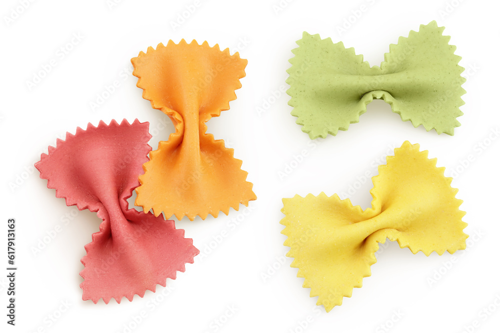 colorful farfalle pasta isolated on white background with full depth of field. Top view. Flat lay.