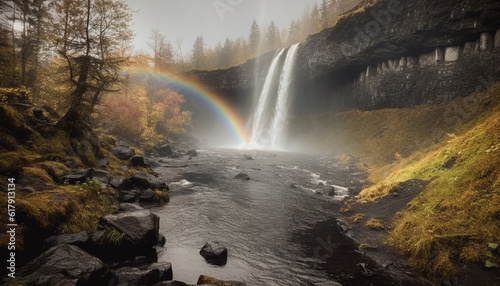 Tranquil scene of majestic mountain range with flowing water and foliage generated by AI