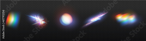 Set of colorful vector lenses and light flares with transparent effects. Iridescent crystal leak glare reflection effect. Optical rainbow lights, glare, leak, streak overlay. falling confetti. Vector