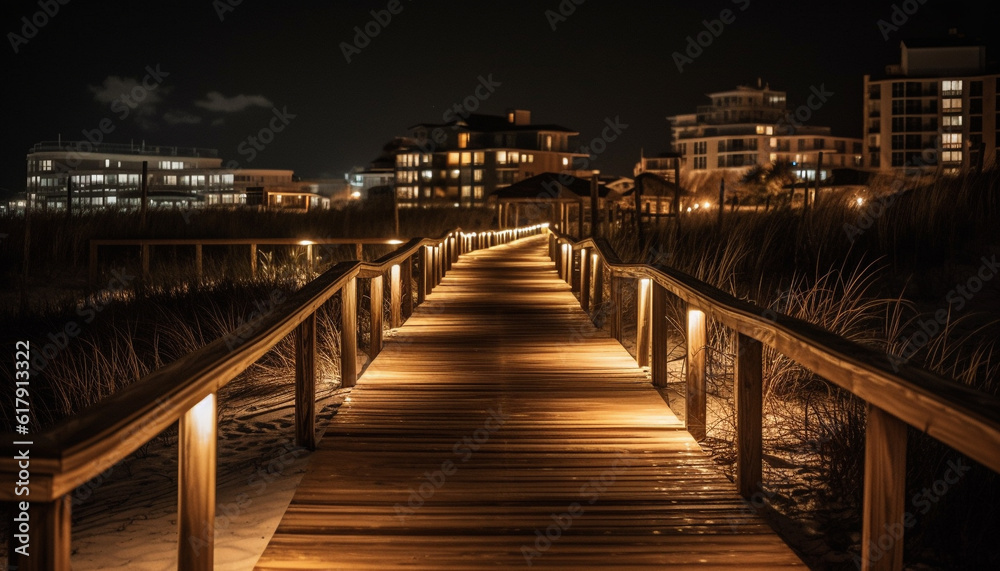 Illuminated bridge reflects on tranquil water in the dusk twilight generated by AI