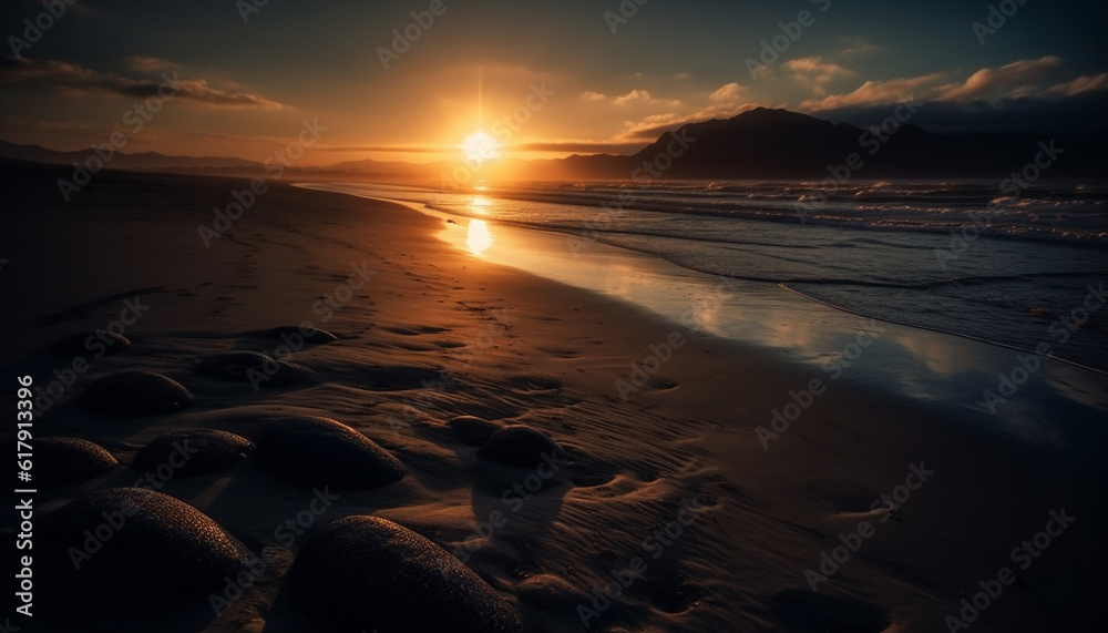 Tranquil sunset over water, waves crash on sandy coastline generated by AI