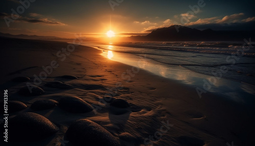 Tranquil sunset over water, waves crash on sandy coastline generated by AI © Jemastock