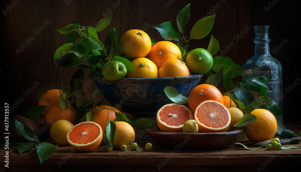 Juicy citrus fruits on rustic wood table, perfect for healthy eating generated by AI