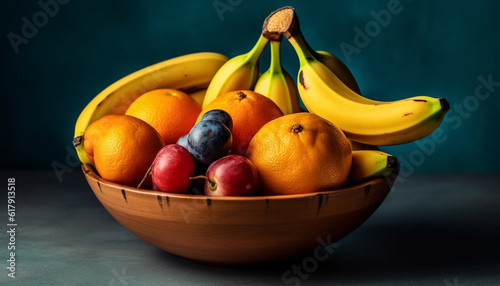 Fresh fruit bowl banana with orange, grape, lemon, lime, apple, tomato generated by AI