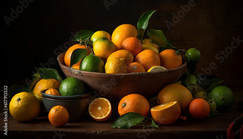 Vibrant citrus bowl showcases juicy, ripe, organic fruit variations generated by AI