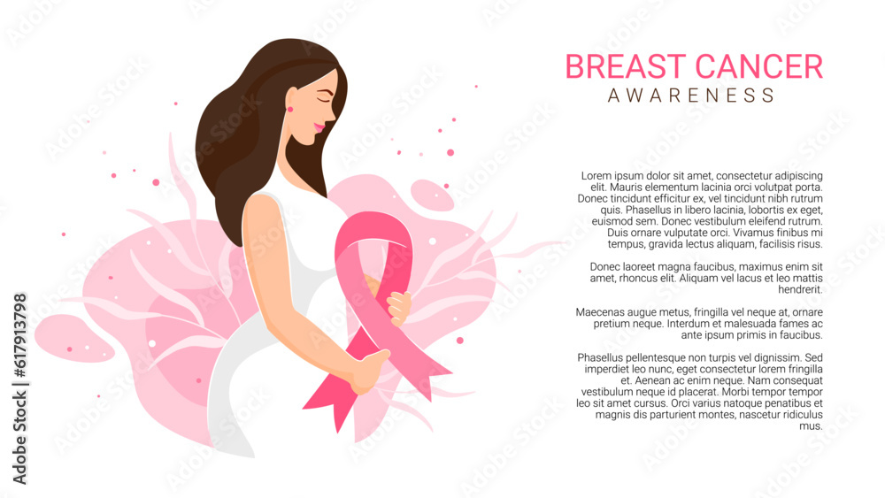 Woman holding Pink Ribbon. Banner with place for text. Healthcare. Prevention. Concept of support and solidarity with females fighting oncological. Cartoon flat vector illustration Woman holding Pink Ribbon. Banner with place for text. Healthcare. Prevention. Concept of support and solidarity with females fighting oncological. Cartoon flat vector illustration