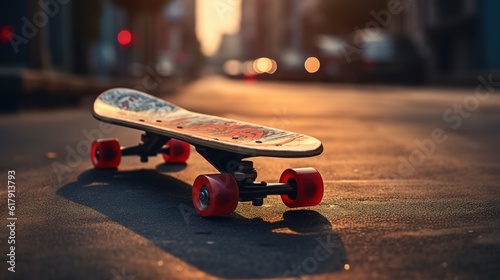 close up view of a skateboard on the street. Generative AI