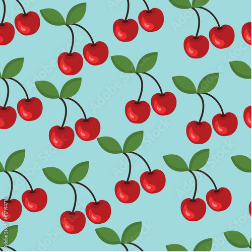 Pattern with red cherries or cherries on a blue background. Background for fabric, textile, wallpaper, packaging, photo printing, background, seamless texture