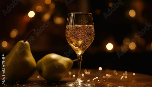 Luxury celebration with champagne, wine, and fresh fruit decoration generated by AI
