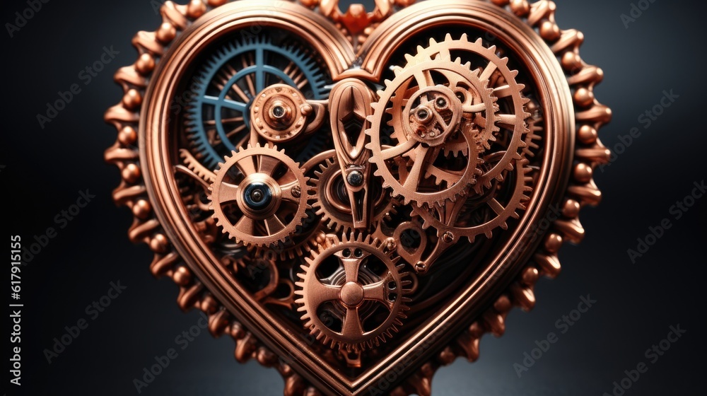 A detailed steam punk copper heart isolated on dark background. (Illustration, Generative AI) A detailed steam punk copper heart isolated on dark background. (Illustration, Generative AI)
