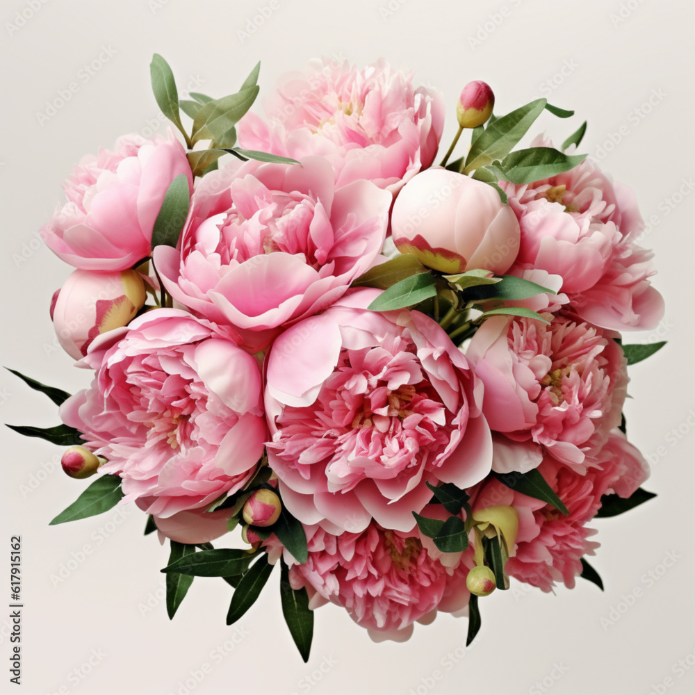 Illustration, AI generation. A bouquet of pink peonies. top view.