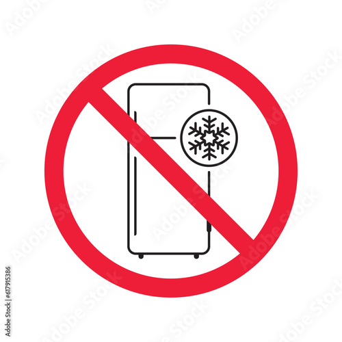 Forbidden Prohibited Warning, caution, attention, restriction label danger. No Refrigerator vector icon. Frig flat sign design. Do not use Freezer symbol pictogram. Frig icon. Refrigerator sign UX UI 