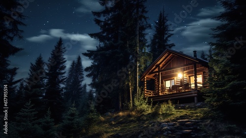 cabin in the wood wilderness, surrounded by pine tree, starry night sky above. Generative AI © Simone