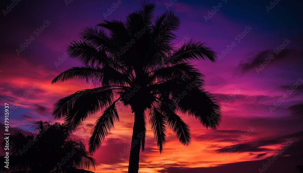 Silhouette of palm tree against vibrant sunset, tropical paradise beauty generated by AI