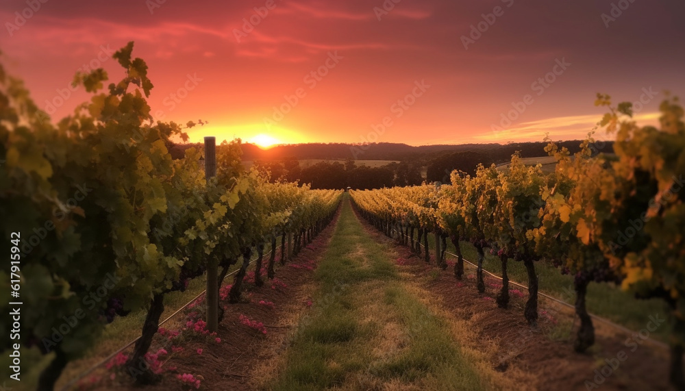Fototapeta premium Rural winery harvests ripe grapes in Chianti region at dusk generated by AI