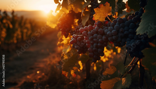 Sun kissed vineyard in autumn, ripe fruit for winemaking generated by AI