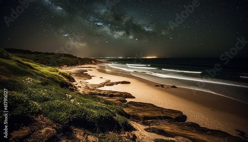 Tranquil scene of illuminated Milky Way over rocky coastline generated by AI