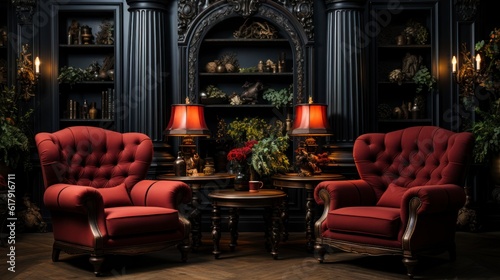 Wallpaper Mural Elegant dark interior with bright red armchairs, 3d render. Created with generative AI. Torontodigital.ca