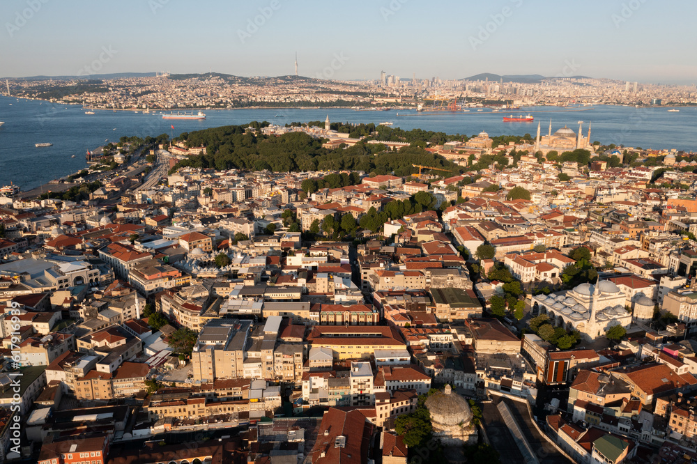 Aerial drone view of the Eminonu, Istanbul, Turkey