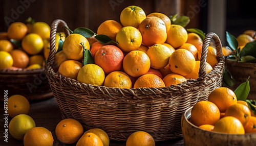 Fresh organic citrus fruit basket on rustic wooden table for healthy eating generated by AI