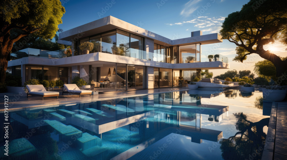 Modern villa with swimming pool. Generative AI