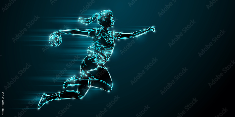 Abstract silhouette of a handball player on black background. Handball player woman are throws the ball. Abstract silhouette of a handball player on black background. Handball player woman are throws the ball.