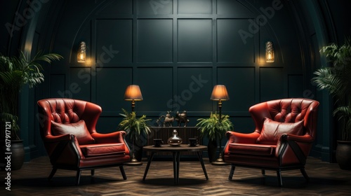 Elegant dark interior with bright red armchairs, 3d render. Created with generative AI. © Muzaffer Stock
