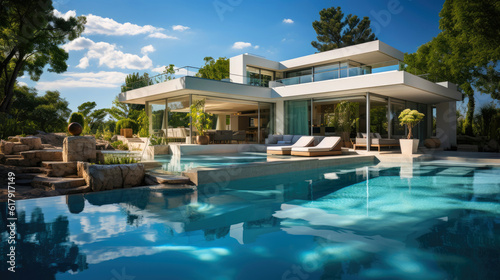 Modern villa with swimming pool. Generative AI © piai