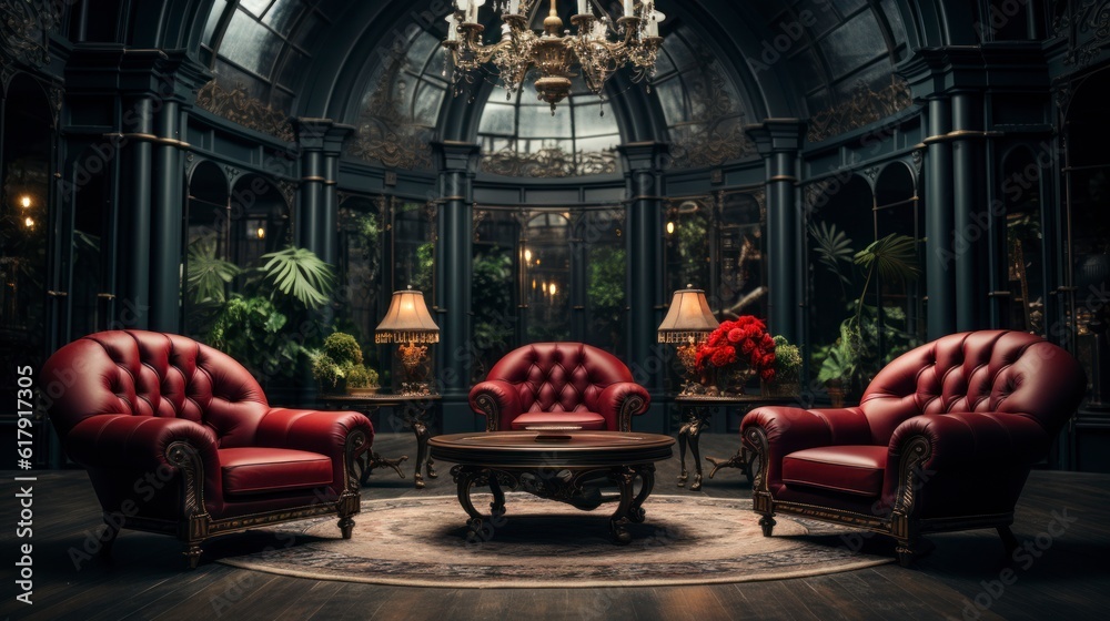 Elegant dark interior with bright red armchairs, 3d render. Created with generative AI. Elegant dark interior with bright red armchairs, 3d render. Created with generative AI.