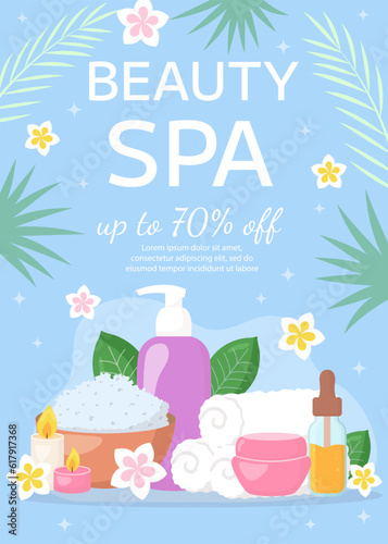 Vector beauty spa salon poster template. Jar of cream, cosmetics products, tropical leaves, flowers on blue background. Beauty industry, massage service flyer, brochure, sale coupon